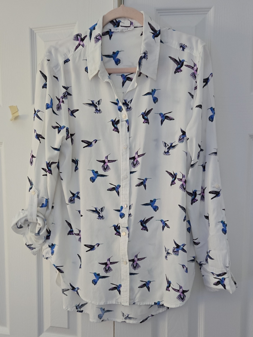 White Humming Bird Print Button-Up Blouse